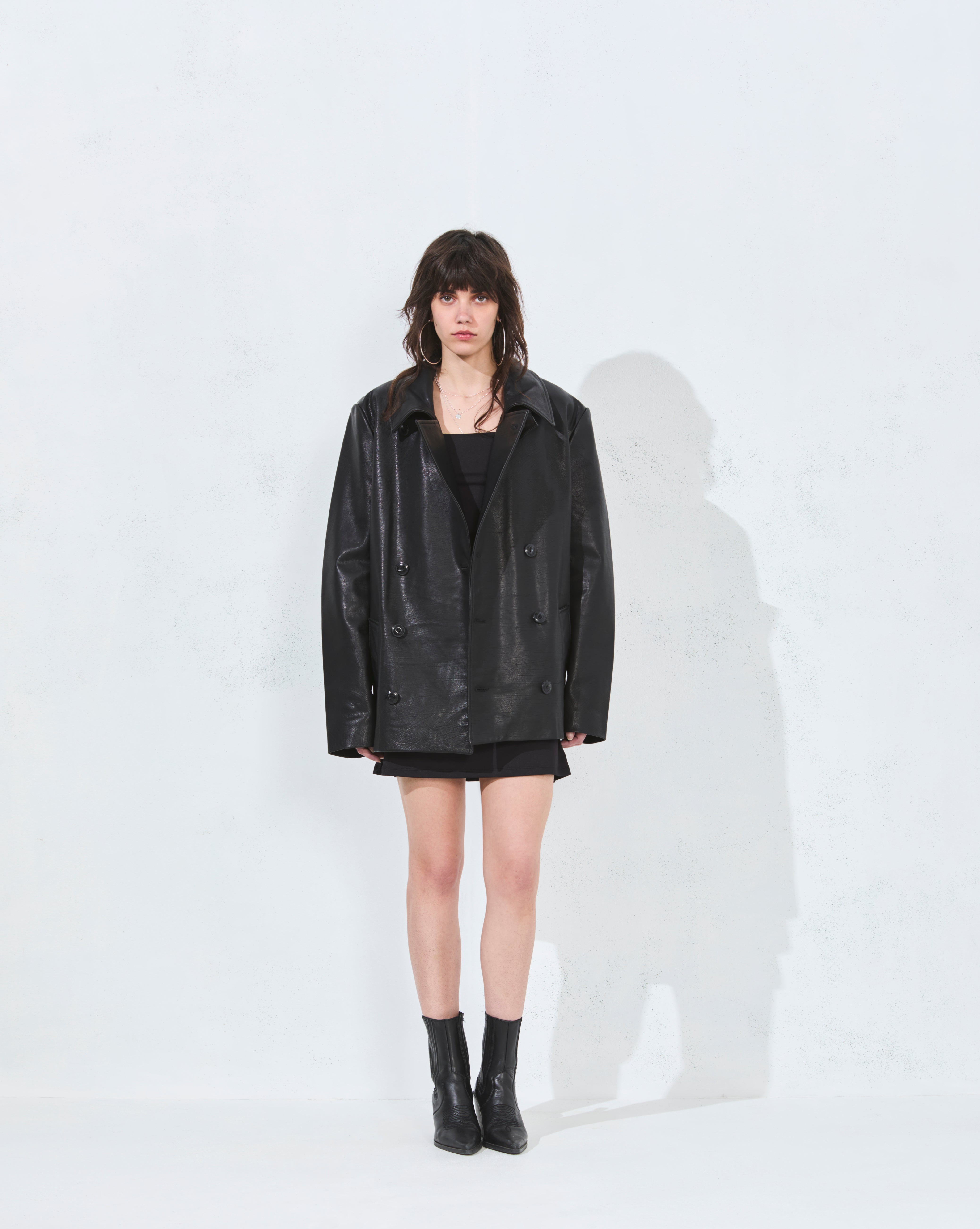 BLACK LEATHER PEA COAT