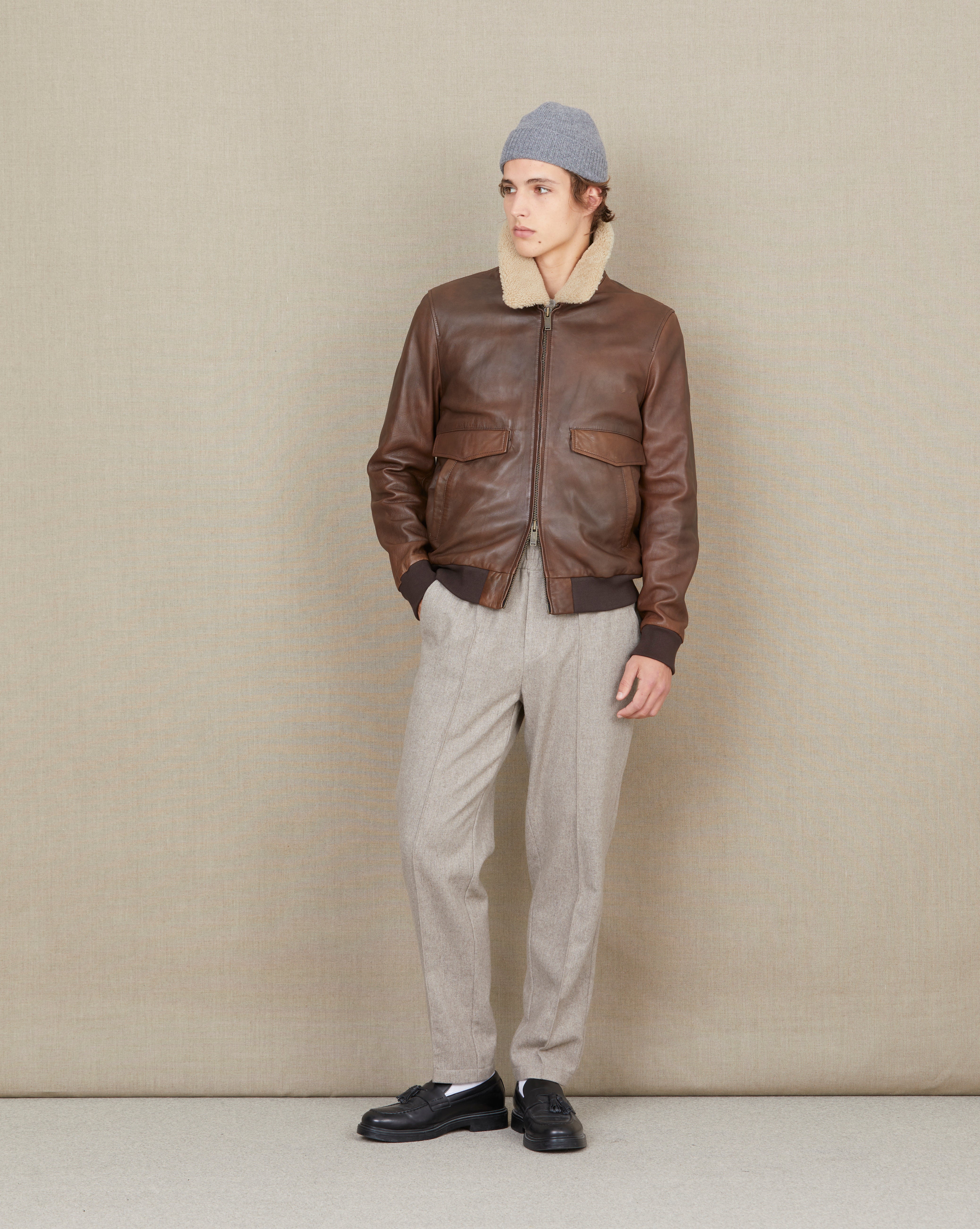 BLOUSON PILOT CUIR HILL MARRON