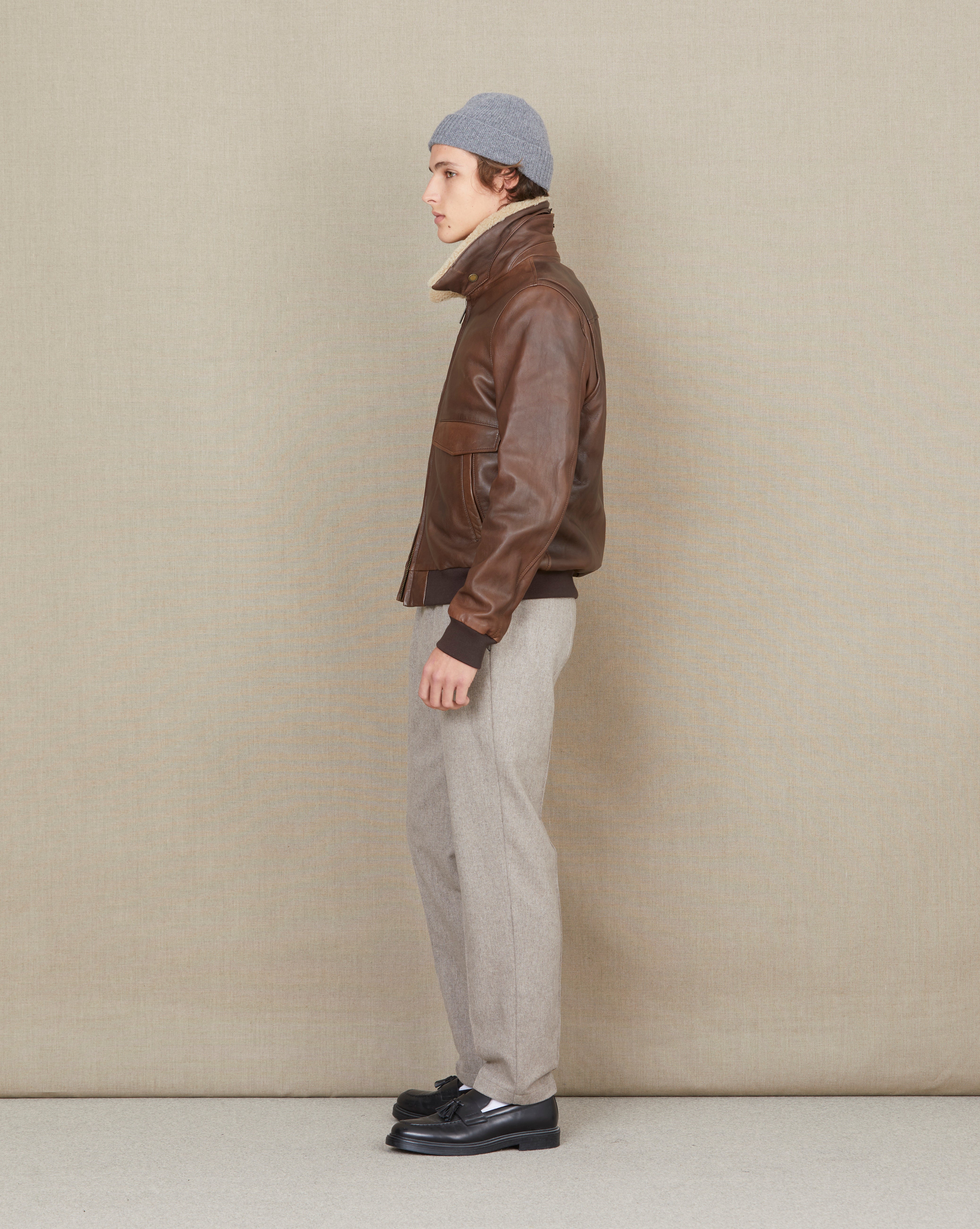 BLOUSON PILOT CUIR HILL MARRON