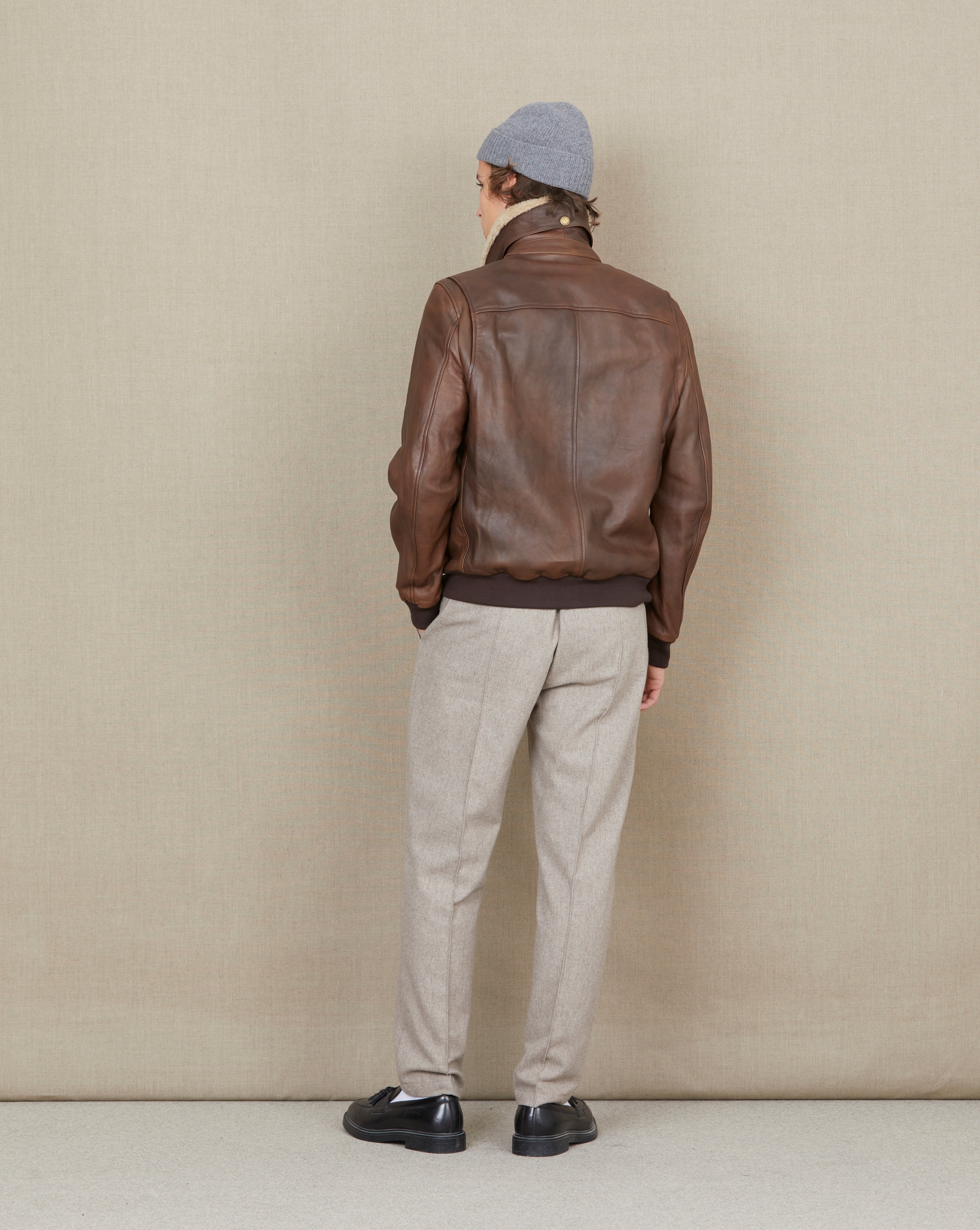 BLOUSON PILOT CUIR HILL MARRON