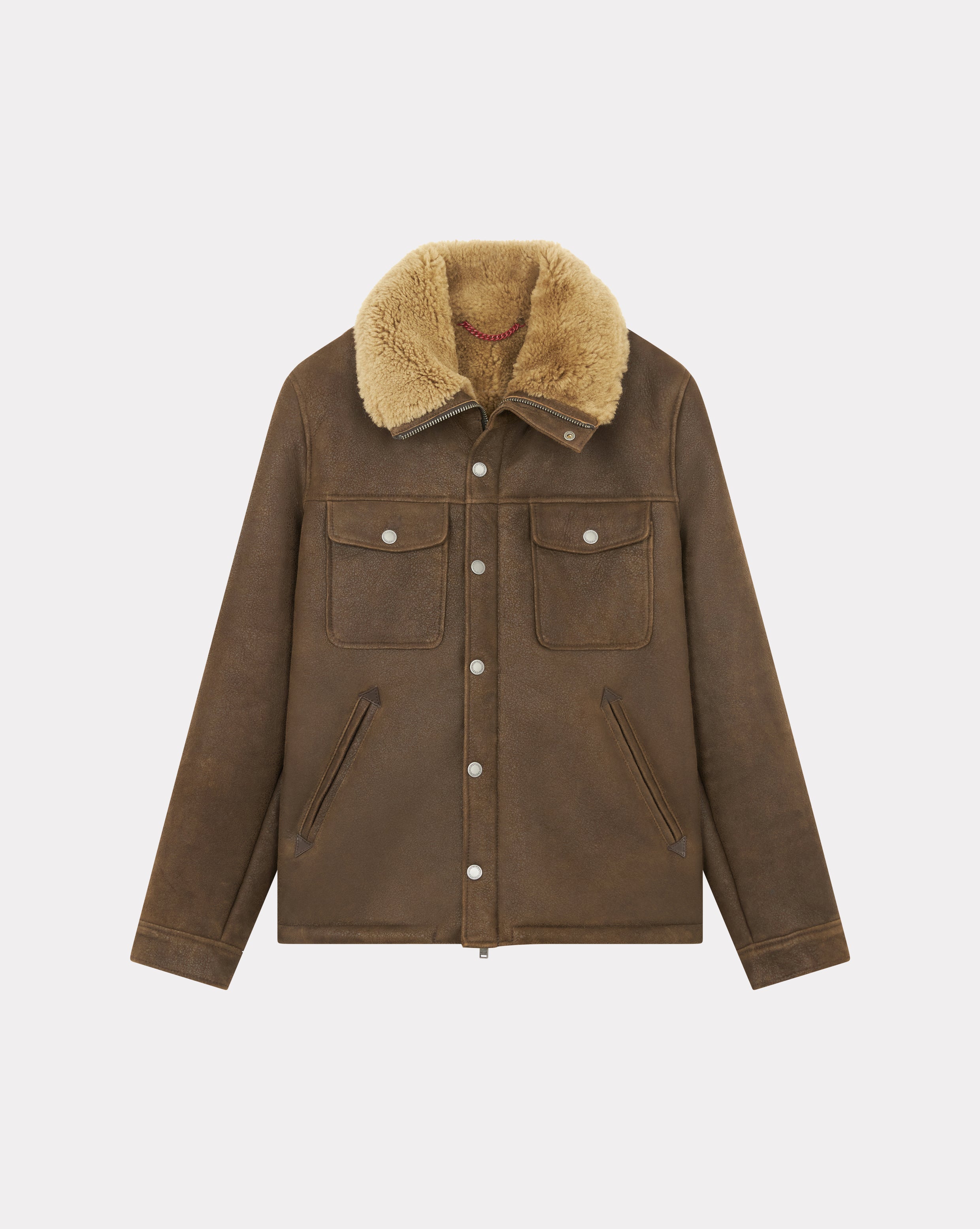 BRAUNE V-SHEARLING-LEDERJACKE